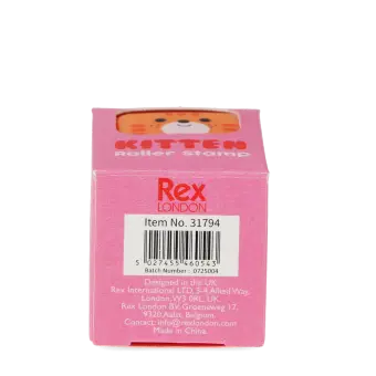 Back of the Kitten Roller Stamp box showing the barcode and manufacturer details.
