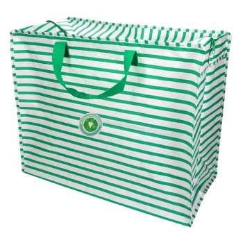 Large jumbo storage bag with green horizontal stripes and green handles with tag.