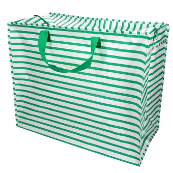 Large jumbo storage bag with green horizontal stripes and green handles.