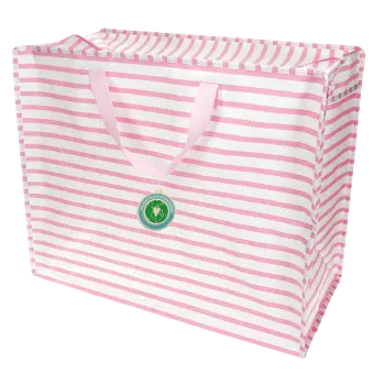 Large jumbo storage bag with pink horizontal stripes and pink handles with tag.