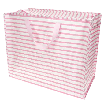Large jumbo storage bag with pink horizontal stripes and pink handles.