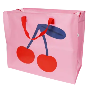 Large pink storage bag with a bold cherry graphic and red handles.