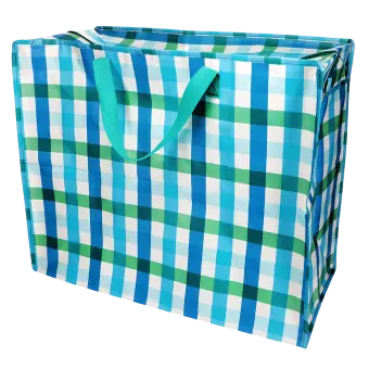 Large storage bag with a multi‑coloured gingham pattern and turquoise handles.