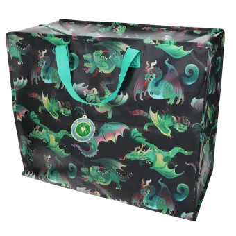 Large storage bag with a multi‑coloured dragons on a dark blue background and turquoise handles with tag.