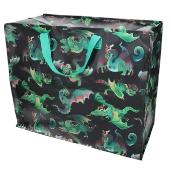 Large storage bag with a multi‑coloured dragons on a dark blue background and turquoise handles.