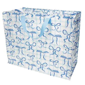 Large storage bag with a light blue gingham pattern and blue bow illustrations with handles.