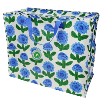 Large storage bag with a blue floral pattern and blue handles with tag.