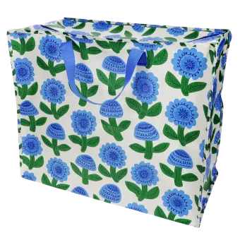 Large storage bag with a blue floral pattern and blue handles.