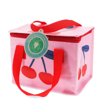 Pink insulated lunch bag with a bold cherry design and red handles with tag.