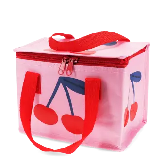 Pink insulated lunch bag with a bold cherry design and red handles.