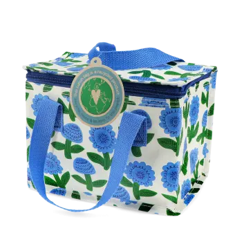 Insulated lunch bag with a blue floral pattern and blue handles with tag.