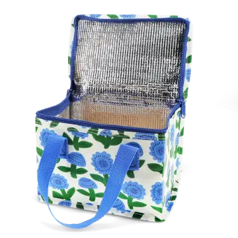 Insulated lunch bag with blue floral pattern and blue handles, shown open with a silver foil-lined interior.