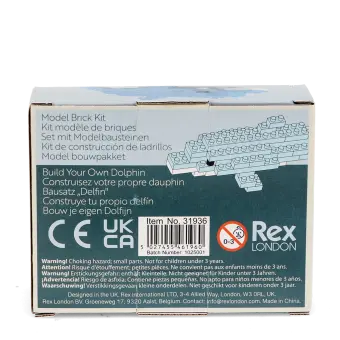 Back of build your own dolphin brick kit packaging displayed with safety warnings and descriptions.
