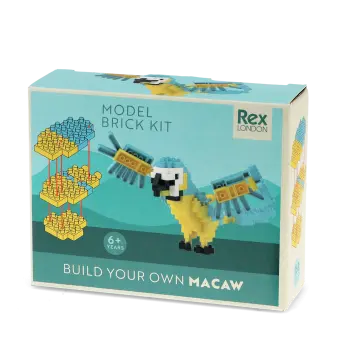 Build your own Macaw brick kit packaging.