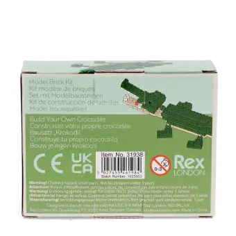 Back of build your own crocodile brick kit packaging displayed with safety warnings and descriptions.