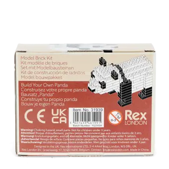 Back of build your own panda brick kit packaging displayed with safety warnings and descriptions.