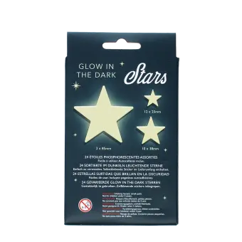 Back of Glow-in-the-dark stars set packaging with multilingual safety warnings.