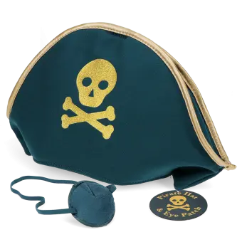 Pirate hat with a gold skull-and-crossbones design, shown with a matching eye patch and a tag.