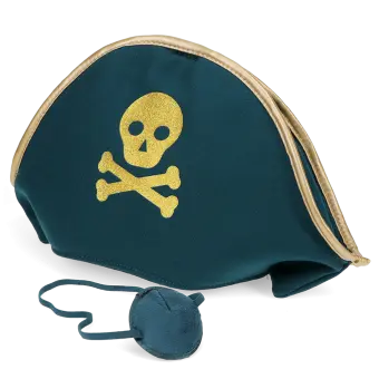 Pirate hat with a gold skull-and-crossbones design, shown with a matching eye patch.