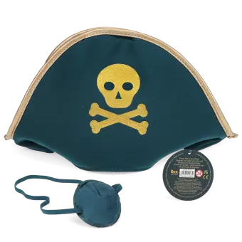 Pirate hat with a gold skull-and-crossbones design, shown with a matching eye patch and a tag.
