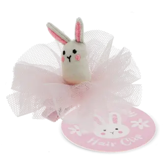 Pink hair clip featuring a small fabric bunny with embroidered details and tag.