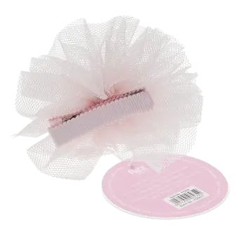 Bottom view of a pink mesh hair clip with a ribbed metal clasp and an attached product tag.