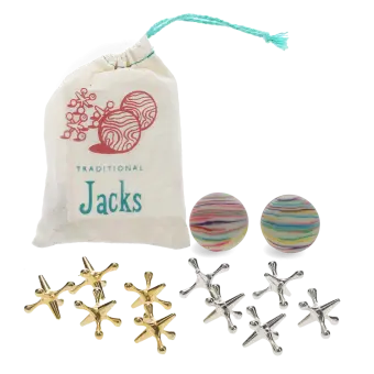 Traditional jacks set with drawstring bag, two striped balls, and gold and silver jacks.