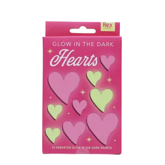 Glow‑in‑the‑dark hearts set in bright pink packaging with assorted heart shapes on the front.