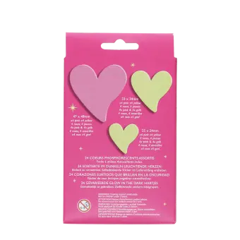 Back of Glow‑in‑the‑dark hearts set packaging displayed with multilingual safety warnings.