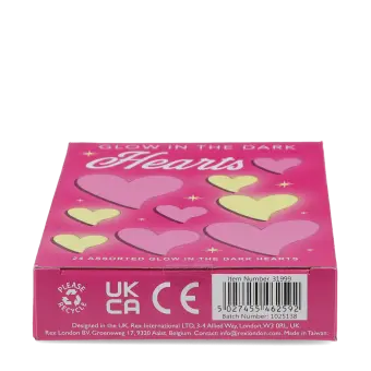 Base of glow in the dark heart shaped box displayed with barcode.
