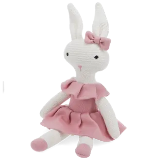 Knitted rabbit toy with long ears, wearing a pink dress with a ruffled collar and a matching bow on one ear