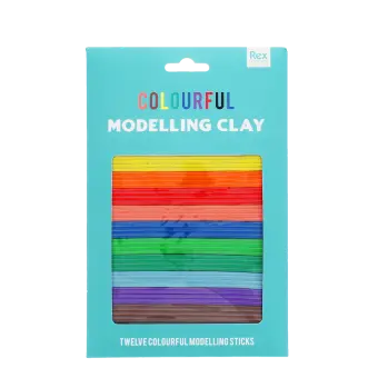 Pack of twelve colourful modelling clay sticks in a turquoise display box.