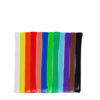 Twelve sticks of modelling clay arranged in a row in assorted bright colours.