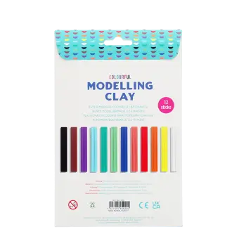 Back of modelling clay pack showing twelve coloured sticks and product details.
