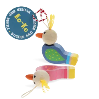 Two colourful wooden bird-shaped whistles with string loops displayed with tag.