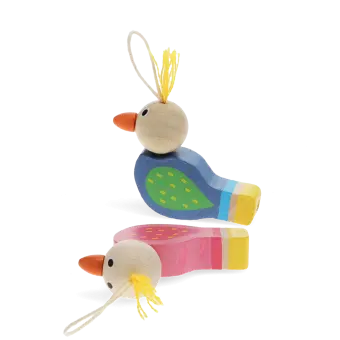 Two colourful wooden bird-shaped whistles with string loops.