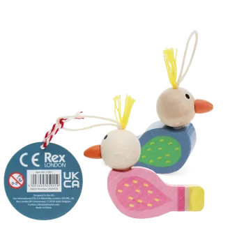 Two colourful wooden bird-shaped whistles with string loops displayed with tag.