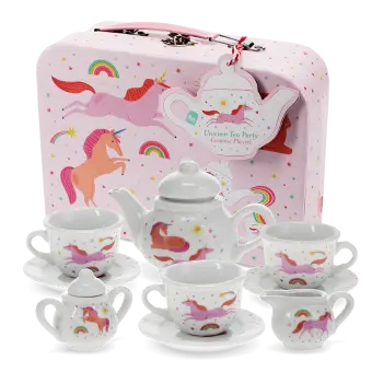 Unicorn ceramic tea set with cups, teapot, and a pink unicorn suitcase.