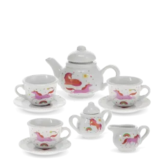 Unicorn‑patterned ceramic tea set with cups, saucers and teapot