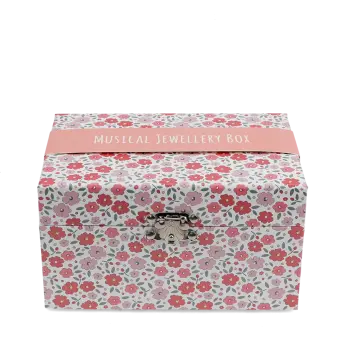 Pink floral musical jewellery box with clasp and decorative flower pattern.