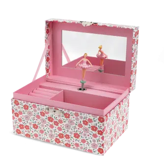 Open floral musical jewellery box with mirror, compartments, and spinning dancer.