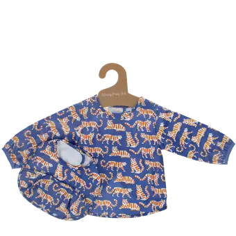 Purple tiger‑print bib and vest set displayed on a hanger.