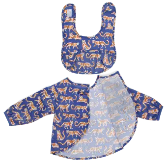 Purple tiger‑print bib and long‑sleeve vest set with front opening.
