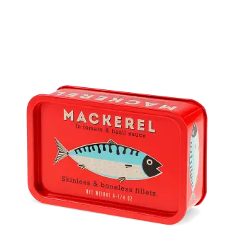 Red mini storage tin with an illustrated mackerel fish on the front.