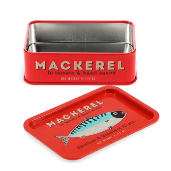 Open red mini storage tin with the lid beside it, featuring an illustrated mackerel on the lid.