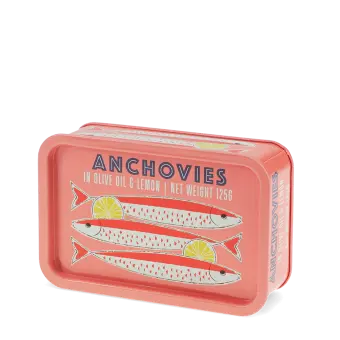 Pink mini storage tin with an illustrated anchovies fish on the front.