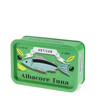 Green mini storage tin with a tuna illustration on the front.