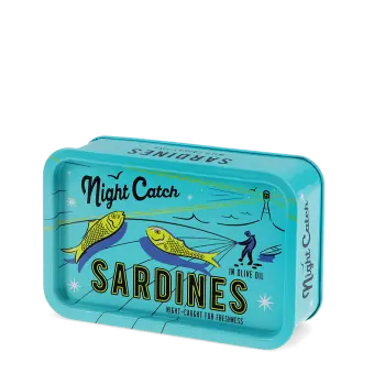 Turquoise mini storage tin with a sardine illustration on the front.