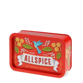 Red mini storage tin with an all spice illustration on the front.