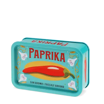 Mini storage tin with paprika illustration on the front.